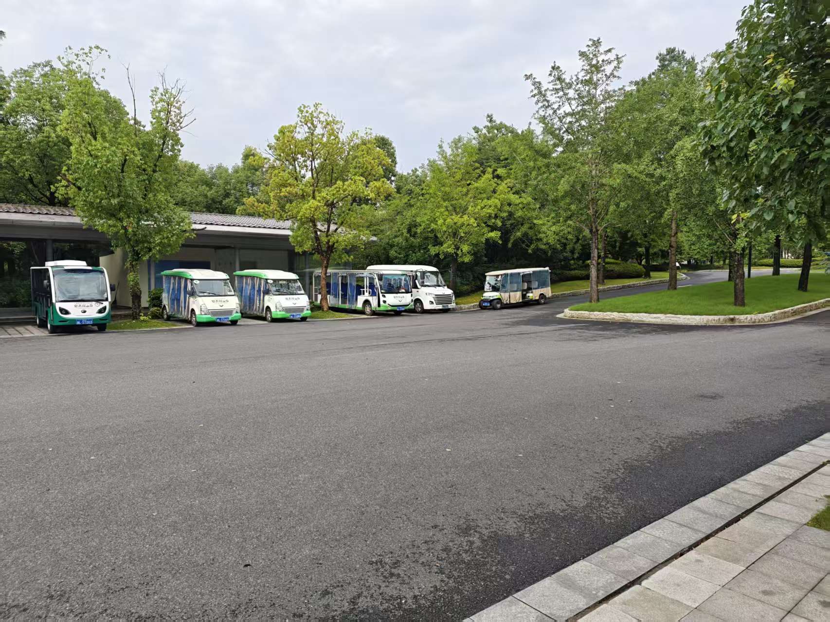 园内停车区域停放的电动游览车